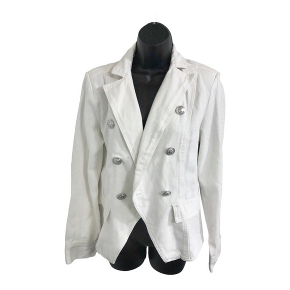 White stretch denim double breasted military style jean‎ jacket size medium new - Picture 4 of 16